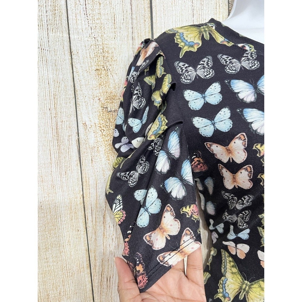 Women Graphic Butterfly Print Top L Puff Sleeve Stretch Y2K Fairy Whimsical Goth - Picture 4 of 8